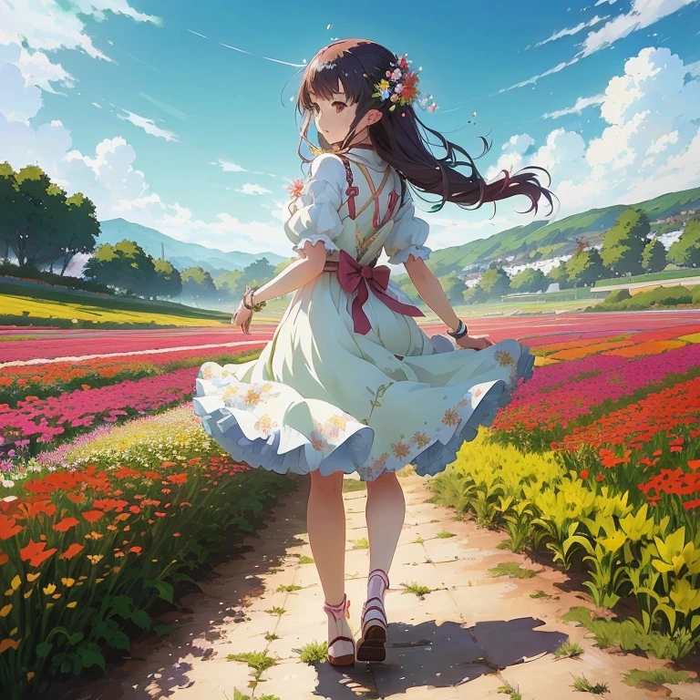 anime girl in a dress walking through a field of flowers, official artwork, girl walking in a flower field, cushart krenz key art feminine, official art, girl dancing in a flower field, loli in dress, anime style 4 k, girl in a flower field, standing in a flower field, official anime artwork, standing in flower field, guweiz