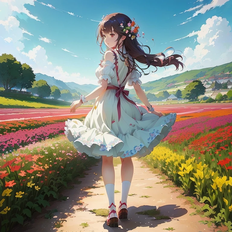 anime girl in a dress walking through a field of flowers, official artwork, girl walking in a flower field, cushart krenz key art feminine, official art, girl dancing in a flower field, loli in dress, anime style 4 k, girl in a flower field, standing in a flower field, official anime artwork, standing in flower field, guweiz