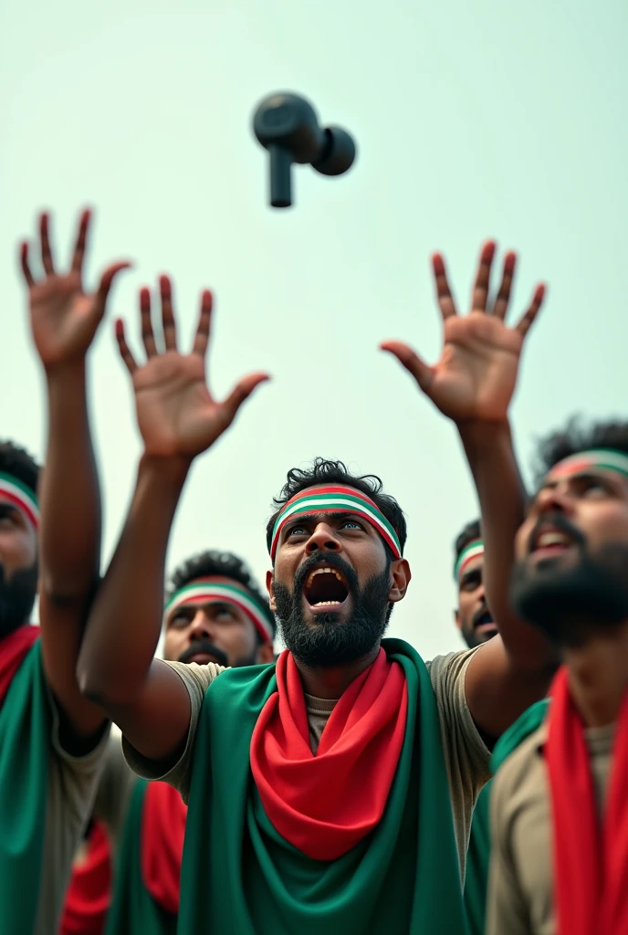 Bangladeshi men who are wearing Bangladesh's flag wrapped around their forehead, reaching out desparetly trying to grab a  bluetooth  earbuds which is levitating in the air 