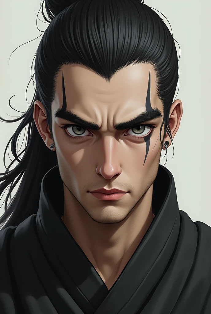 Portrait of a male monk, with long black hair in a ponytail, big, thick, bold eyebrows, and Grey eyes. He has a piercing in the middle of the lip
