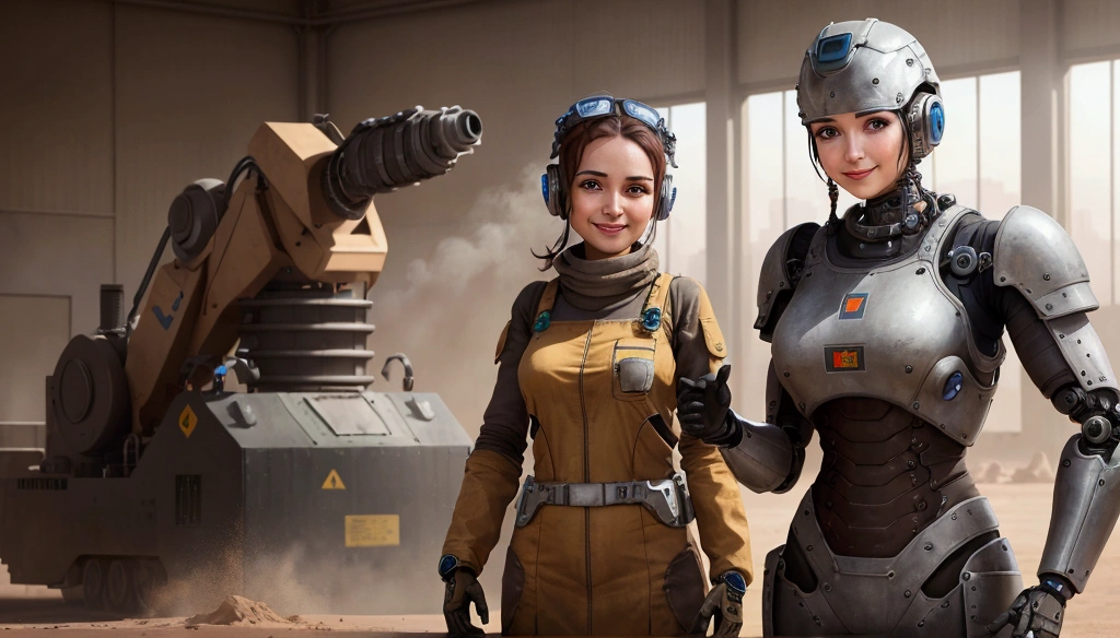 Industrial Robotic arm. The woman smiles gratefully. They are working in a robotic factory. looking at camera. she is in front. She is dressed in desert clothing