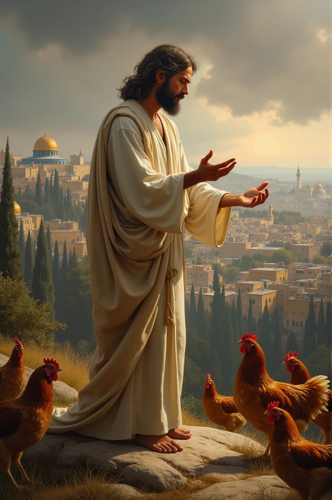 Jesus on the Sion mountain, looking to Jerusalem and crying, trying to collect the chicken