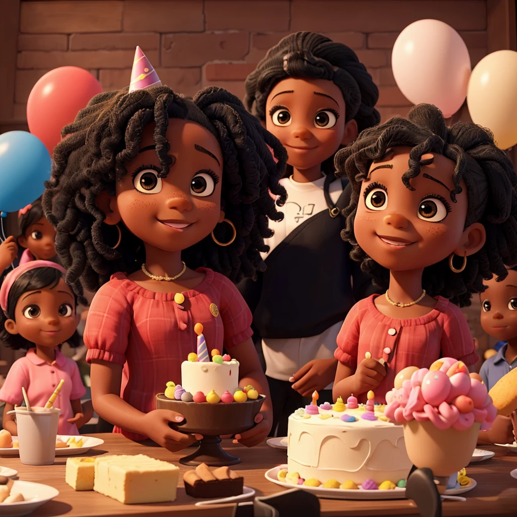 Image of a 5-year-old black girl with her parents and friends celebrating her birthday with lots of balloons and cake