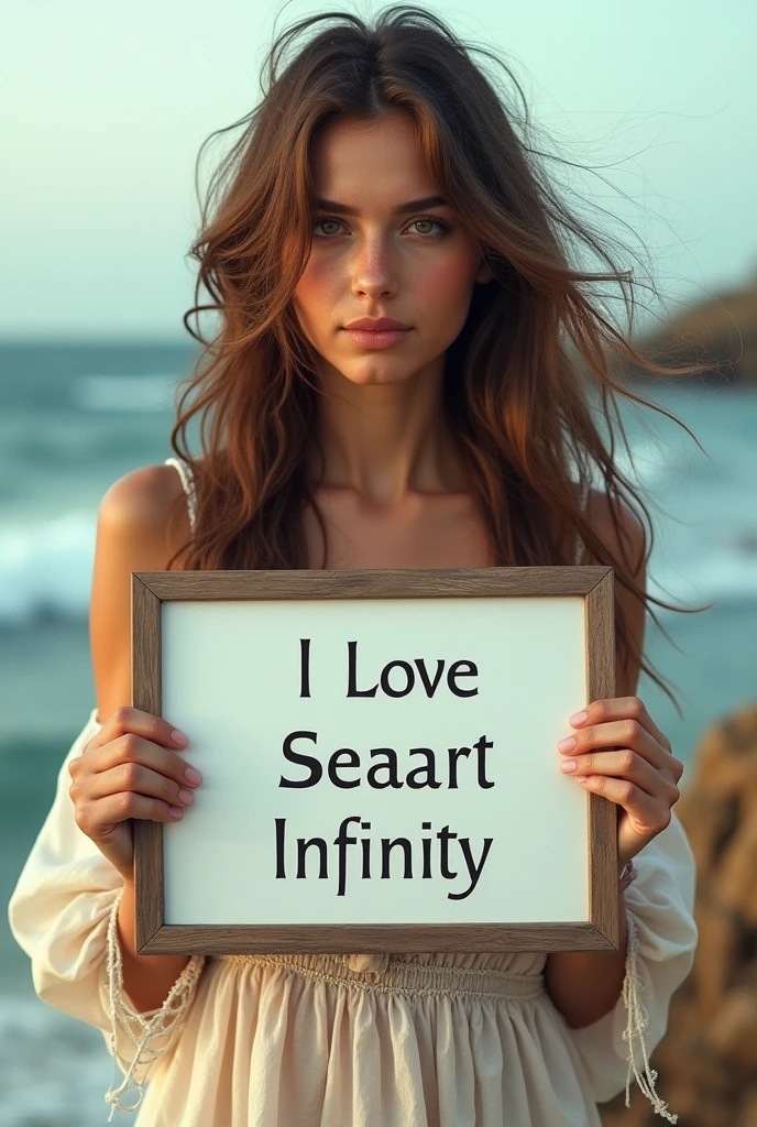 Beautiful girl with wavy long hair, bohemian dress, holding a white board with text "I Love Seaart Infinity" and showing it to the viewer