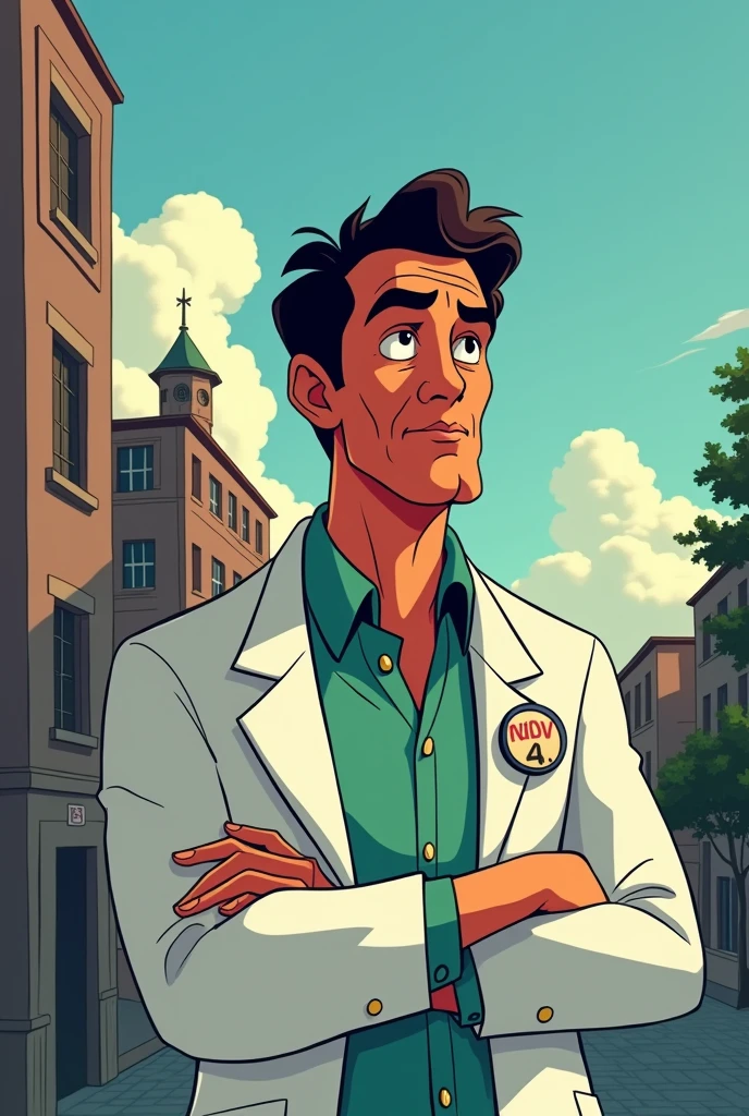 Drawing in the style of Disney Dr cartoons. Simão Bacamarte:
Draw a portrait, his stylized, with a thoughtful or intense expression. It could be with a medical coat and a concentrated expression.
Asylum Behind or next to Bacamarte, draw a simple building that represents an asylum, with some windows and a hospital structure.
Additional Elements:
Disney Shaped City Environment:
Draw some simple houses or trees in the background to represent the city of Itaguaí.
Symbols of Sanity and Madness:
Desenho estilo disney