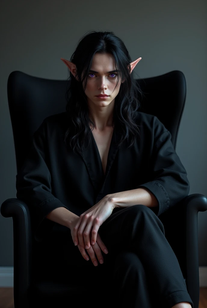 a man with pointed ears an elf with purple eyes with long dark hair, sharp facial features sitting in a black chair