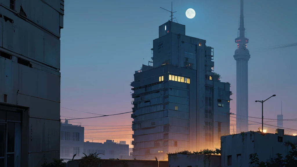 make the top of a building at night. in an abandoned city taken over by plants. the sky is clear and the moon is full.