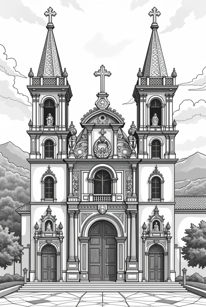 Reinterpret the work Church of Our Lady of Mount Carmel by Aleijadinho. I want it to be a coloring page