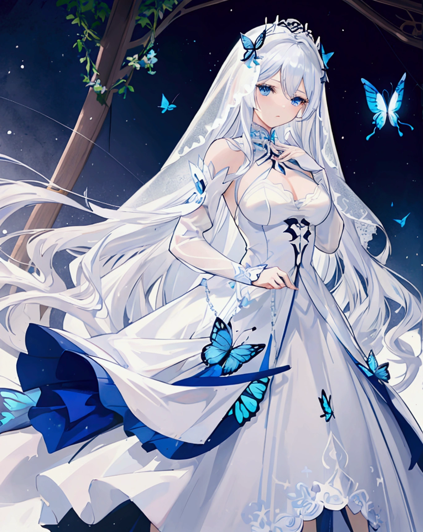 A woman with white hair and blue eyes、adult、Long and wavy hairstyle、White Veil、dress、Butterfly on finger々is stuck、Blue Butterfly々、White, blue or light blue flowers、Fantasy