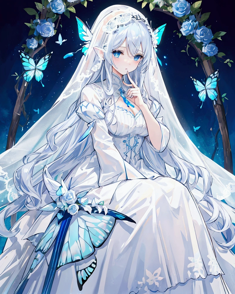 A woman with white hair and blue eyes、adult、Long and wavy hairstyle、White Veil、dress、Butterfly on finger々is stuck、Blue Butterfly々、White, blue or light blue flowers、Fantasy