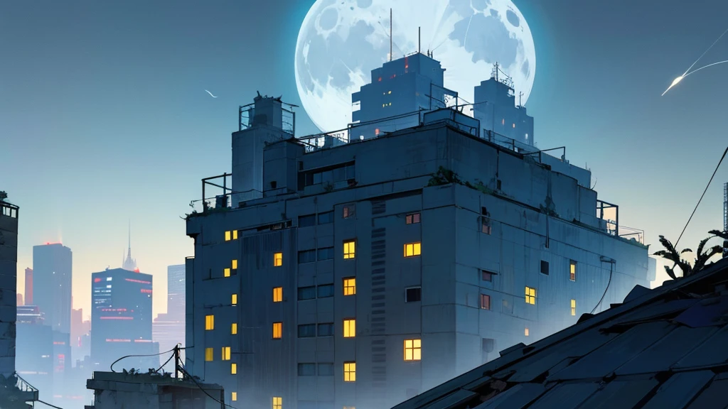 make the top of a building at night. in an abandoned city taken over by plants. the sky is clear and the moon is full.