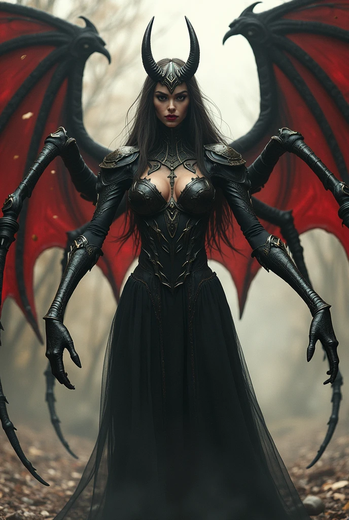 spider-type woman and winged demon, overlord rank, Russian nationality, 1.60cm tall, has four arms and wings