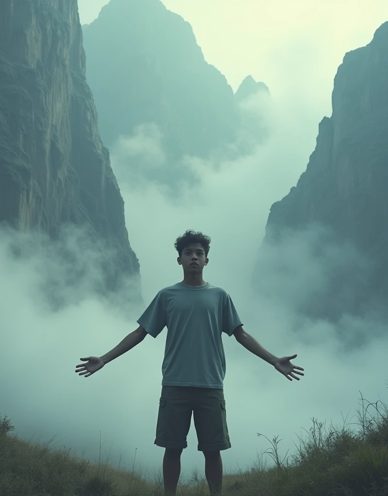 Teenage boy spreading his hands wide facing towards moutain cliff in foggy weather 