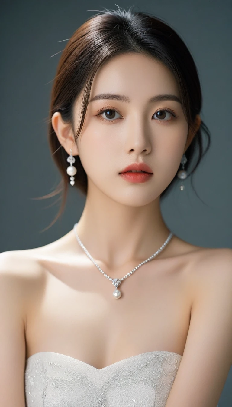 8k, Ultra-high resolution, Highest quality, masterpiece, 三分割法によるphotograph,Surreal, photograph, 1 Girl, (:1.3), pretty girl, Cute Face, 細部までBeautiful Eyes, 細かくdetailedに,masterpiece,One Girl:1.2,Japan Female Teachers,cowboy shot,Serious expression,Black Hair,long hair,shiny hair,Super Beautiful Girl 4,((1 girl:1.4)),Shine, Natural skin texture、(Stylish clothes:1.4),Pencil Skirt,(The highest rank of ceremonial attire:1.4)、Formal wear,Attractive girl、16 years oldmale body:1.4)、(女の子のポートレートphotograph:1.4Photorealistic images:1.4),Fantasy art,(Beautiful Face:1.4),Beautiful and attractive eyes、Beautiful Eyes、(Tight waist:1.4)、(9 Beautiful girls with perfect body proportions:1.4),Red lips,(choker:1.4、necklace:1.4、Earrings:1.4),Looking at the audience,(((Ideal body type))),A-cup small breasts :2,、Portraiture:2、Perfect Anatomy、鮮明なdetailed、detailed,Fashion magazine cover,Thin lips,Gray background ,完璧でBeautiful Face ,完璧でCute Face, Skin with attention to detail, Perfect limbs、Narrow waist,Looking at the audience,(((Ideal body type))),A cup small breasts :2,Portraiture:2,Perfect Anatomy,鮮明なdetailed,detailed,Surreal,Light and shadow,backlighting