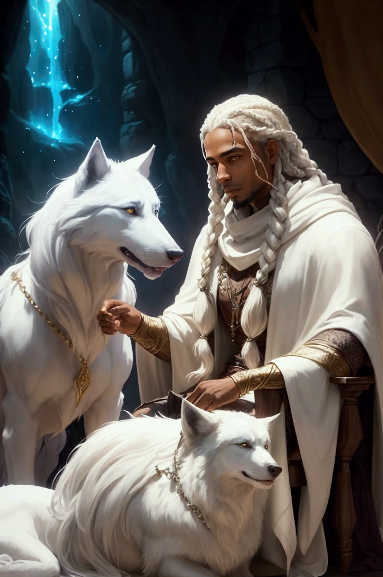 A portrait of the fantasy writer Arylnn East, a brown-skinned man with long white braids, wearing a magical cloak, sitting alongside his massive white wolf-like companion in a fantastical, mystical setting.