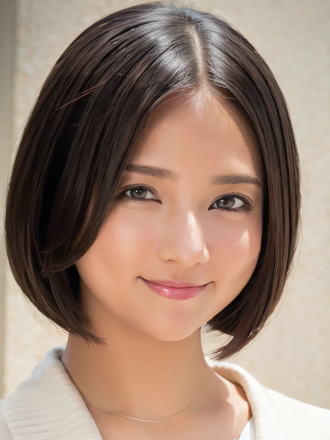 One-length bob cut hair, light smile, first-person view, close-up, uhd, anatomically correct, super detail, high details, best quality, 16K, Perfect Makeup, Glossy pink lips、