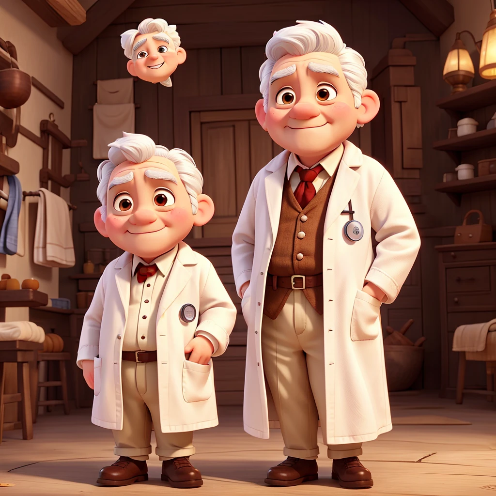 grining old little doctor, a little overweight, white hair, remake to disney persona, no beard, middle ears, chestnut eyebrown, white coat