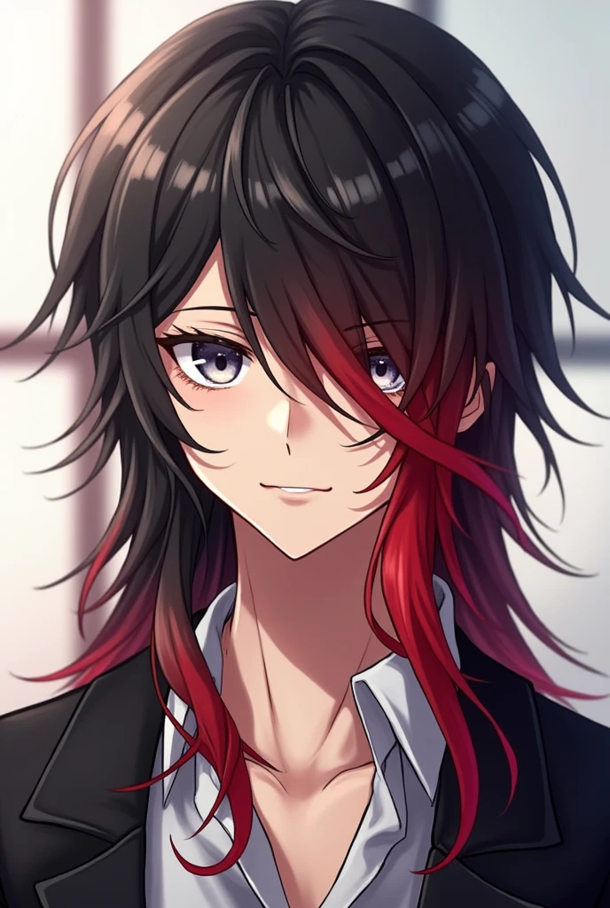 Light-skinned anime man with half-long half-black and half-red hairstyle