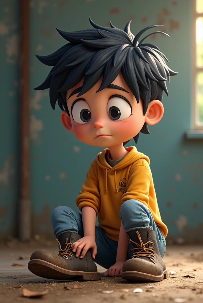 a student whose shoes were very dirty, looked very sad because he didn't have time to wash his shoes