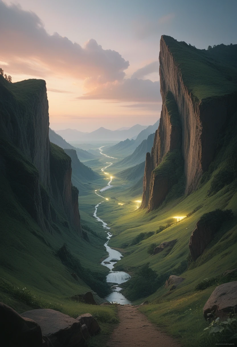 best quality, masterpiece, beautiful wild and natural fantasy landscape with glowing lights