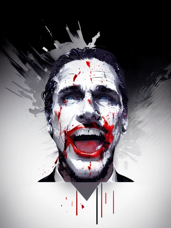 man with blood on his face and tie, Patrick Bateman), in American Psycho, American Psycho, Patrick Bateman, in American Psycho (1999), in American Psycho ( 1 9 9 9 ), the joker and Patrick Bateman, psychopath face, brutal clean and bloody face, bloody face, Christian bale as the joker, Horror Movie, Christian bale,,T-shirt design,white background,vector, sticker art,white t-shirt design,Christian bale.