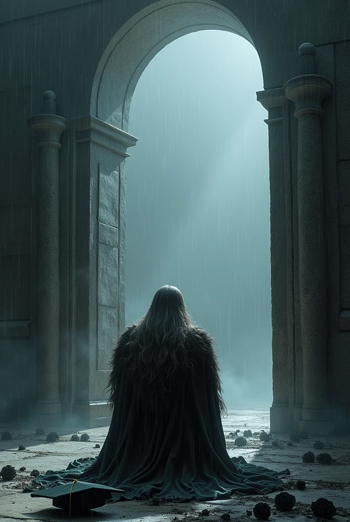 The gates of Valhalla open with a long-haired Viking kneeling, wounded yet victorious in battle, a graduation cap on the ground with black roses, in a tone of gloom and mystery, with the phrase 'Memento Mori' above."