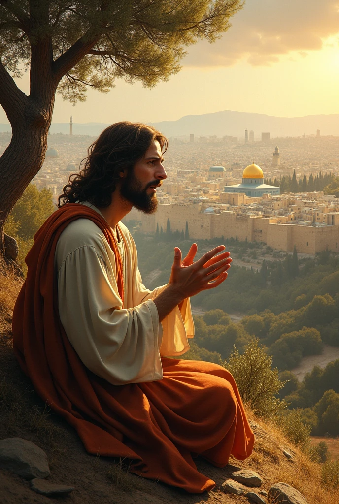 Jesus on the Sion mountain, looking to Jerusalem and crying and praying 