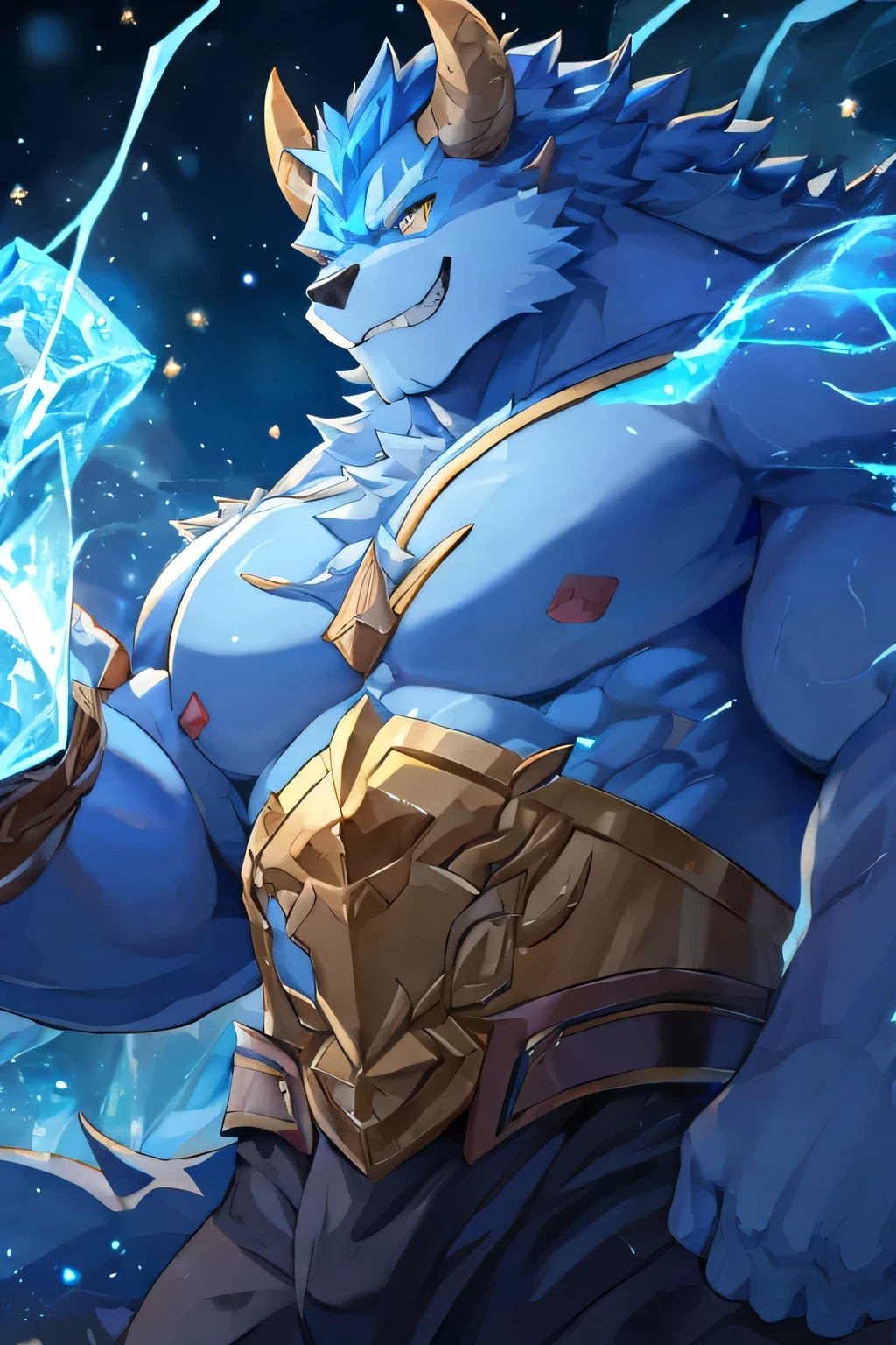 Beast-like body、Massive build、male、Age 35、solid muscles、Active、Golden Eyes、magic、Ice Element、In combat、Blue Particles、magic陣、smile、Mouth open、Tan eyebrows、