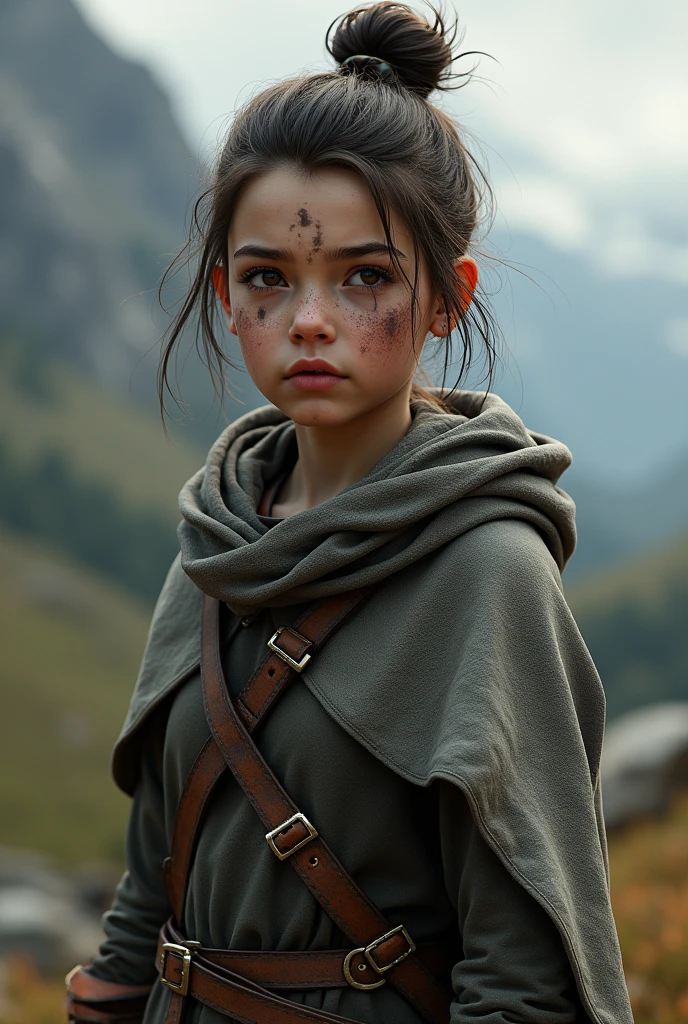 A young adult adventure with lots of scars on his face, his hair in a bun wearing a grey cloak with an adventures outfit underneath