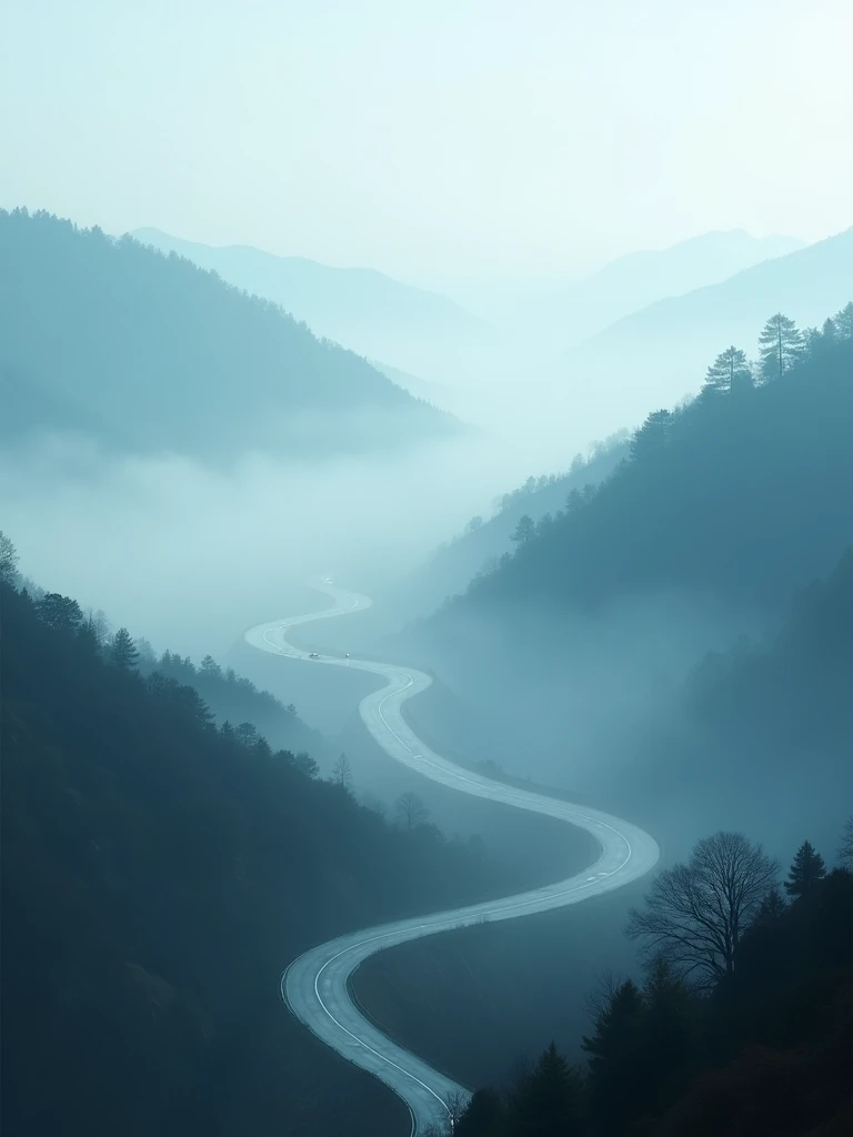 Witness the quiet allure of foggy roads in the mountains, where the mist blurs the horizon, all in vivid Ultra HD resolution.