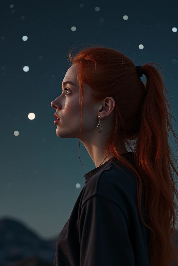 ultra realistic, photography, long red hair, girl, 19 years old, firm look, night time, starfilled sky, looking at the stars, close face shot from the side, photorealistic image of a woman, her hair is in a tight ponytail, dominant stance