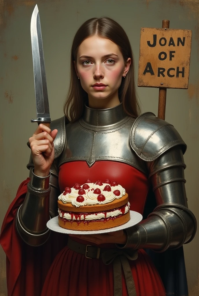knife Joan of Arc holding a cake and a sign