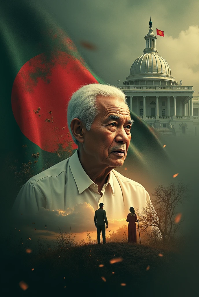 A dramatic and nostalgic montage of historic moments, showcasing Donald Dr. Yunus  journey from a businessman to the President of the Bangladesh. The video would feature clips of Dr. Yunus speeches, rallies, and debates, set to an uplifting soundtrack, with iconic images of the doctor Yunus Bangladesh flag, the White s Parliamen, and other symbols of Bangladesh politics.