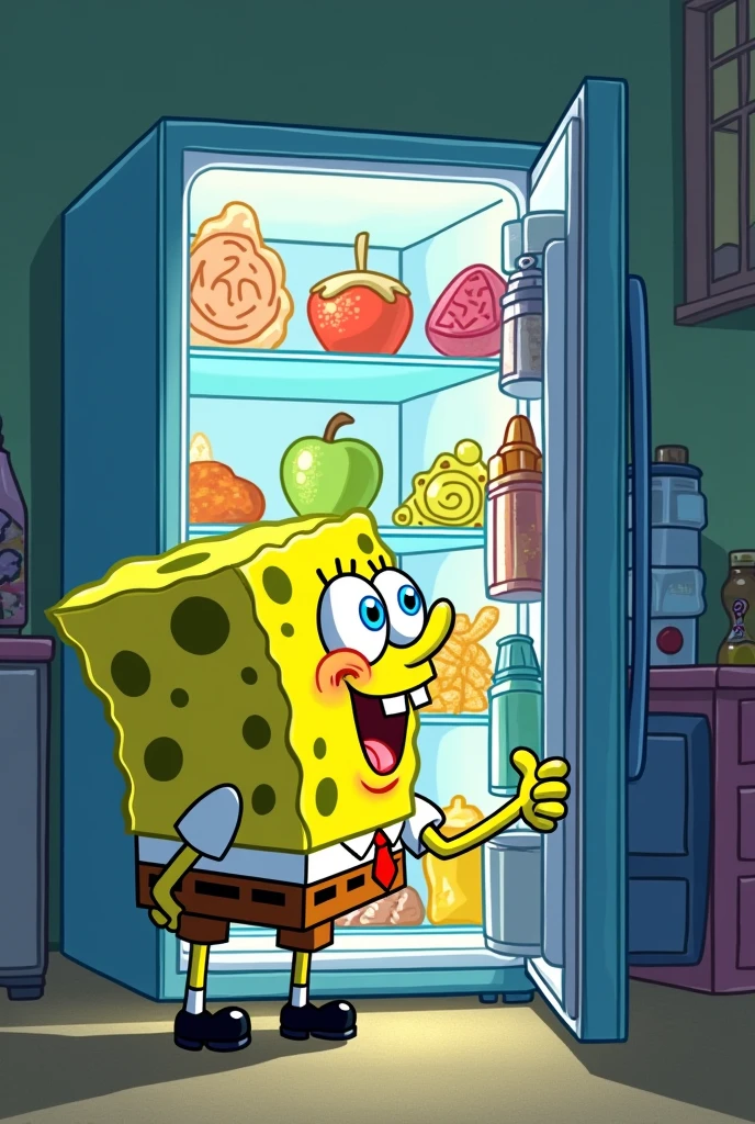 SpongeBob looking for what to eat in the refrigerator 