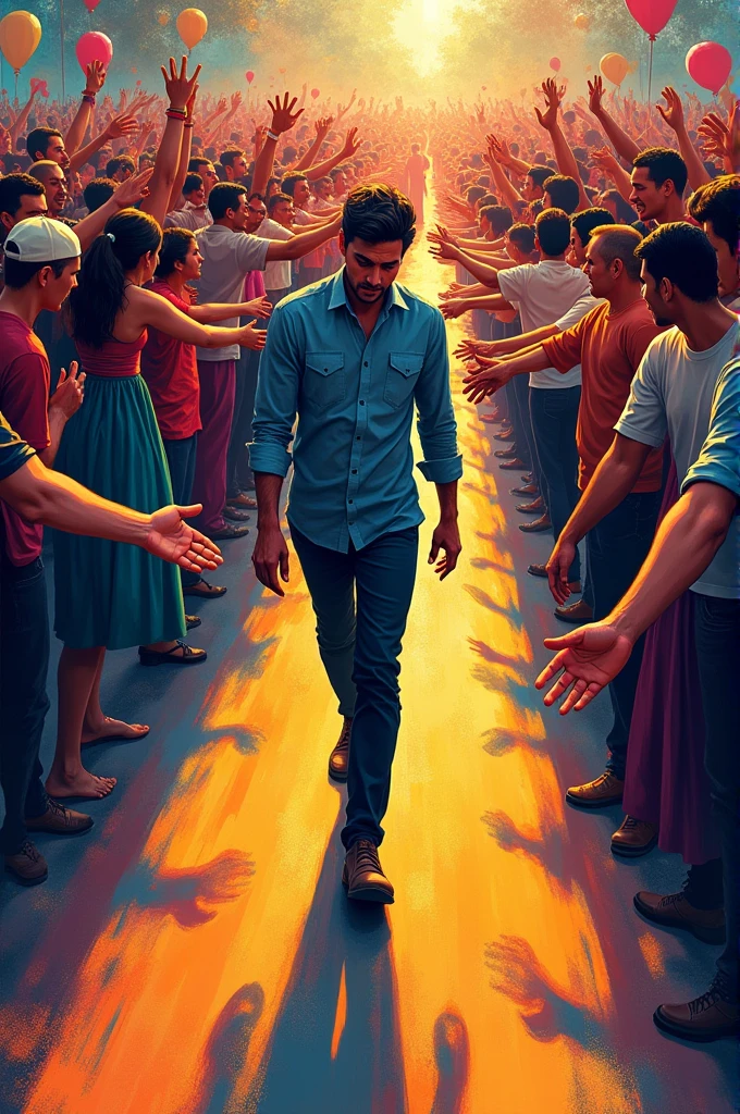 The image is a vibrant colorful illustration featuring a man walking away from a crowd of people with various hands reaching out towards him.