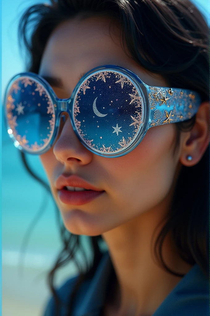 The model is wearing glass sunglasses with stars and the moon on the glass