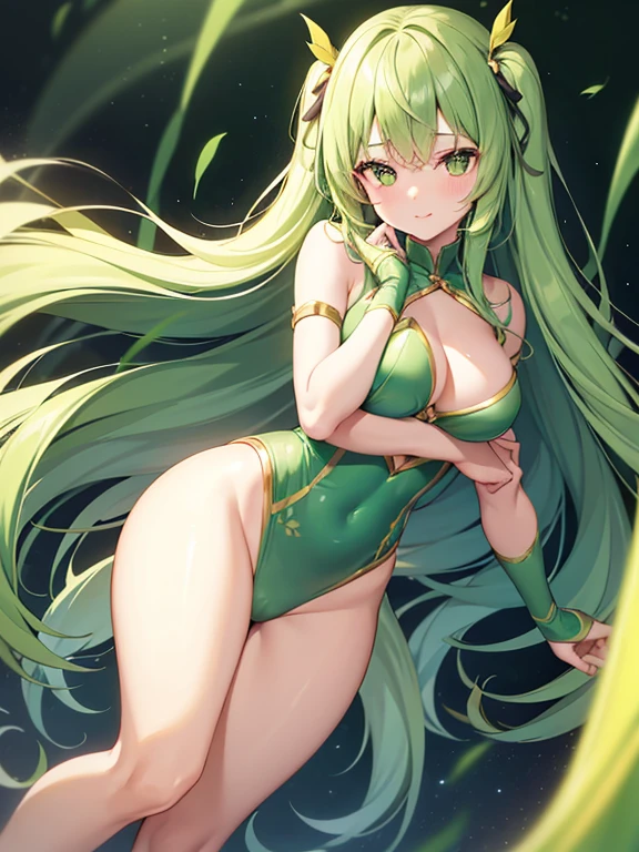 1girl, fun loving female fairy, 1thumb and 4 fingers on each and, 1hand on each arm, 1arm on each shoulder, 1foot on each leg, green long hair, green shiny no-crossed eyes, green and yellow leotard, green and yellow sleeve on each arm, green and yellow leg warmer on each leg, 2wings on her back near the shoulders, green insect-like wings, forest is the background, full view