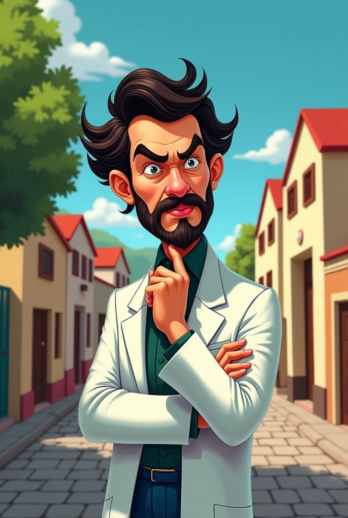 Drawing in the style of Disney Dr cartoons. Simão Bacamarte:
Draw a portrait, his stylized, with a thoughtful or intense expression. It could be with a medical coat and a concentrated expression.
Asylum Behind or next to Bacamarte, draw a simple building that represents an asylum, with some windows and a hospital structure.
Additional Elements:
Disney Shaped City Environment:
Draw some simple houses or trees in the background to represent the city of Itaguaí.
Symbols of Sanity and Madness:
Desenho estilo disney