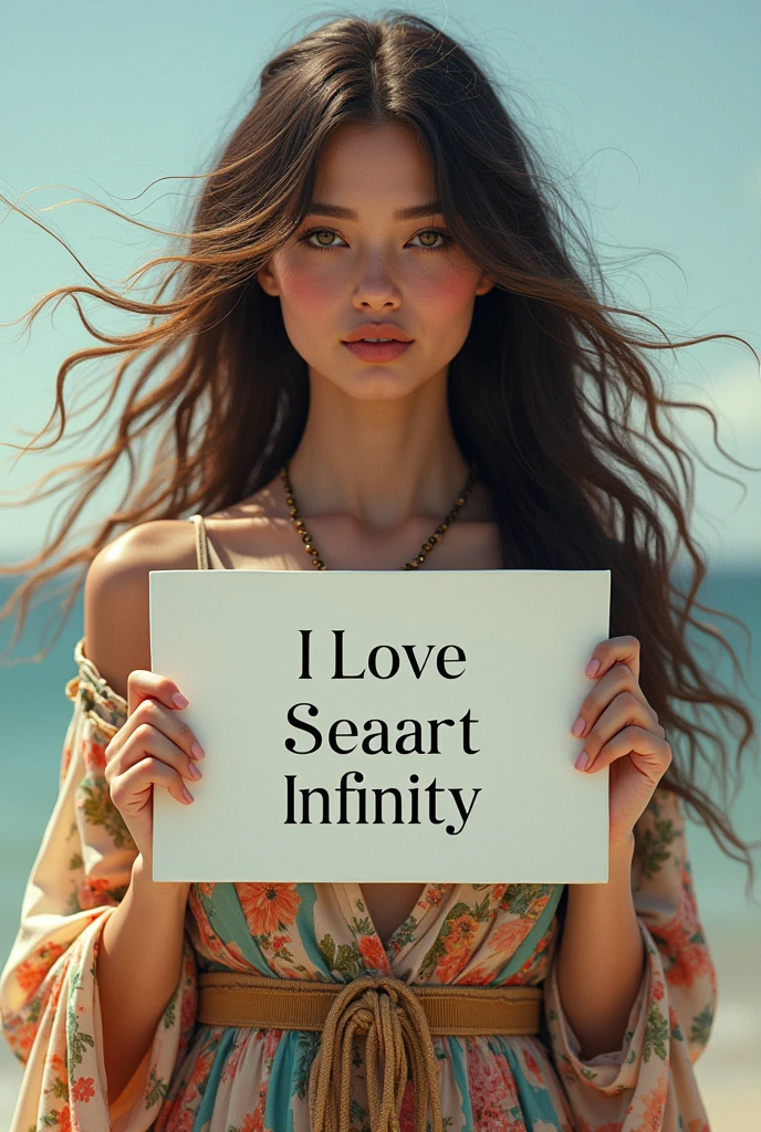 Beautiful girl with wavy long hair, bohemian dress, holding a white board with text "I Love Seaart Infinity" and showing it to the viewer