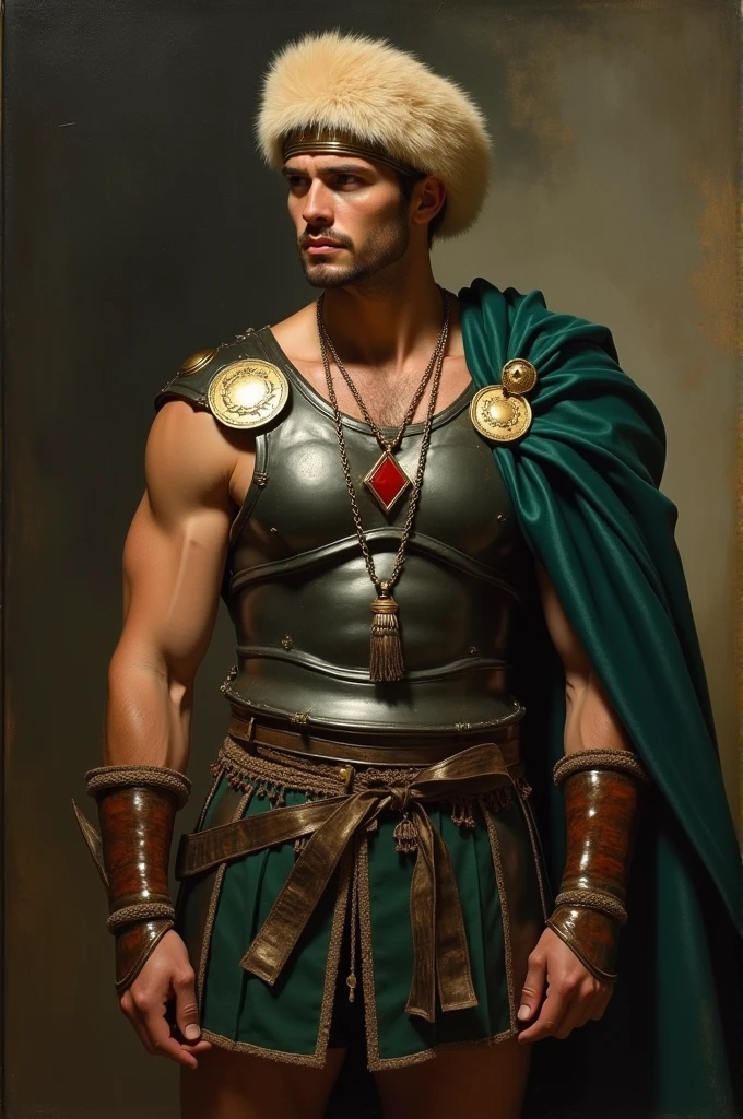 A masterpiece of oil painting by Théodore Géricault. A dramatic half-body portrait of a 20-year-old ancient Roman gladiator, his chiseled torso glistening in muted colors. The subject's gaze is intense, his bare chest adorned with a red diamond-shaped pendant, he is wearing a beige Russian fur hat. His lorica armor, crafted from velvet, alligator leather, and Ronin-inspired elements tied at the waist by a satin sash. The composition is bathed in warm, golden lighting, with the subject set against a subtle gradient of earthy tones.