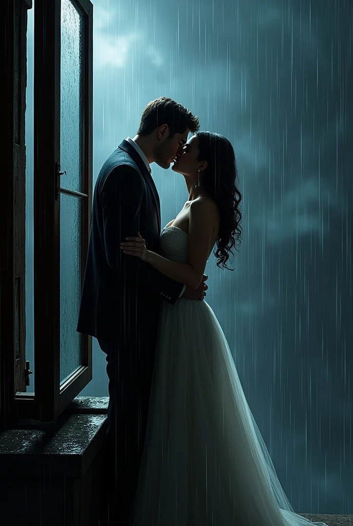 A couple, about to fall off an open window backwards outside rain them kssing
