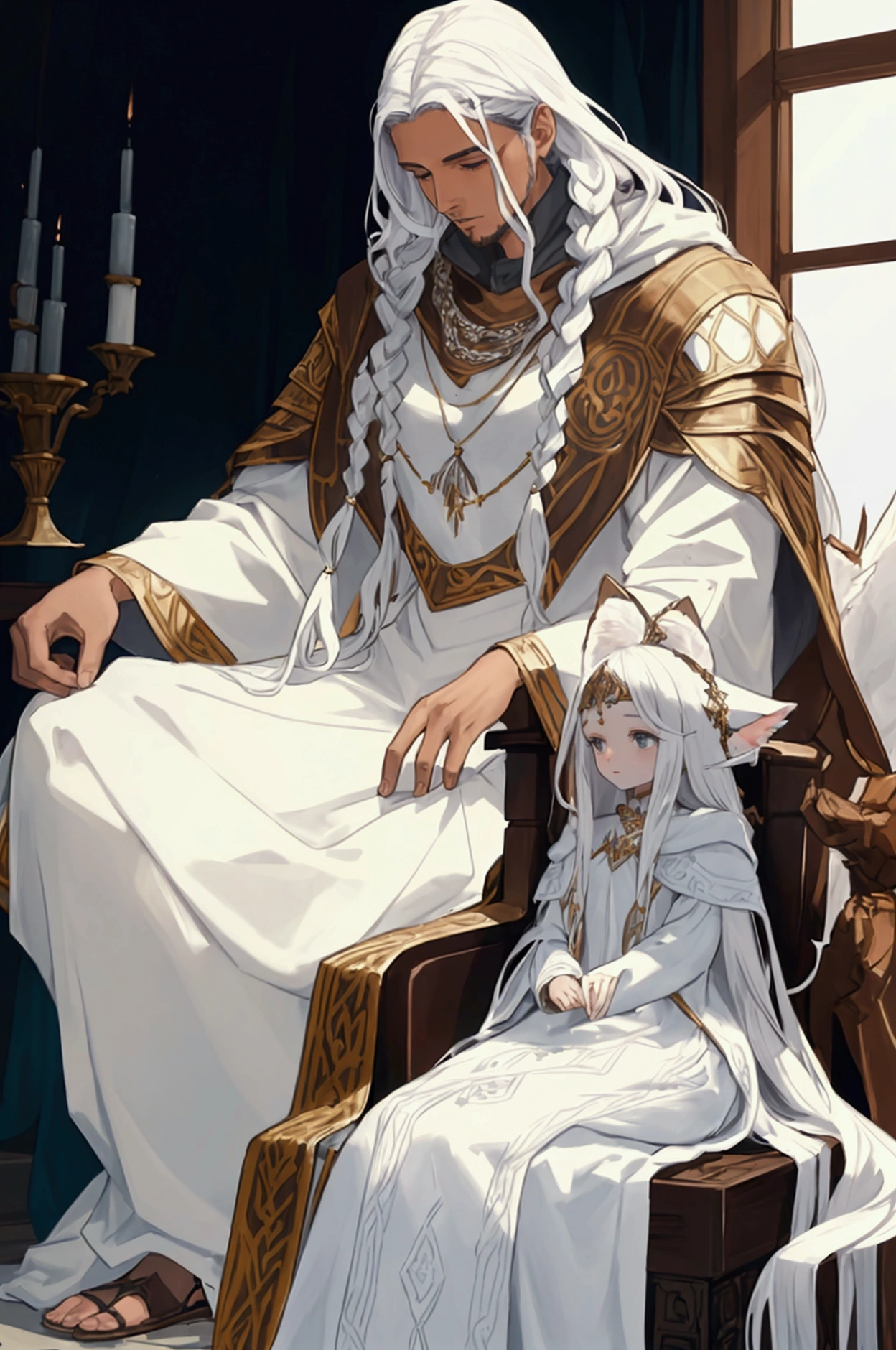 Male elf, thin masculine figure, long snow-white hair, light blue eyes, fair skin, helpless eyes, shy, slave.