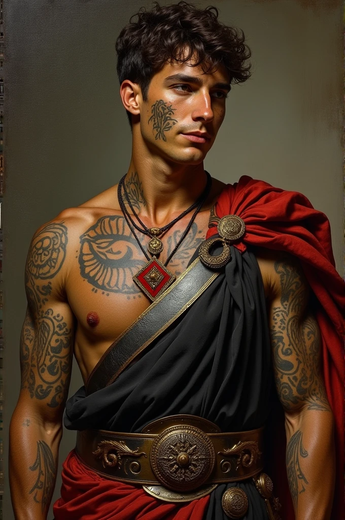 {{Masterpiece, best quality, oil painting, by Franz von Stuck, by James Tissot, male focus, muted colors}}, the composition is: (((((very dramatic half body portrait of a handsome 25 year old ancient Roman soldier, brown skin, tan, confident, magnificent, tattooed, smiling, brown hair. His face is tattooed, he has snake-like eyes))))). ((((He is wearing a silken, black and red ancient ronin armor with praetorian inspired elements made of alligator leather, he is wearing a red diamond shape pendant)))).