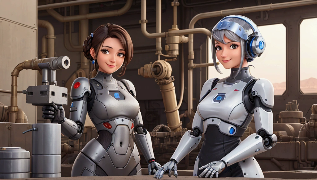 Industrial Robotic arm. The woman smiles gratefully. They are working in a robotic factory. looking at camera. she is in front. She is dressed in desert clothing and next to her is a schnauzer