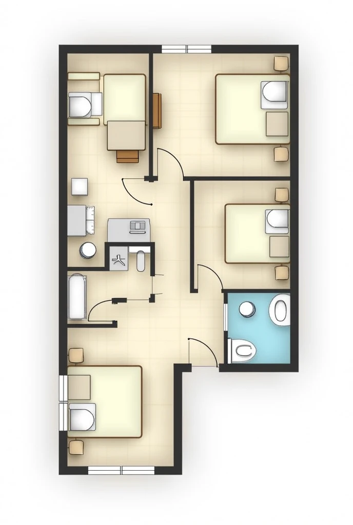 Imagine the plan (including measurements and specifications) of a second floor of a house that has 3.8m front and 12m deep, in which there are three bedrooms and a bathroom. 