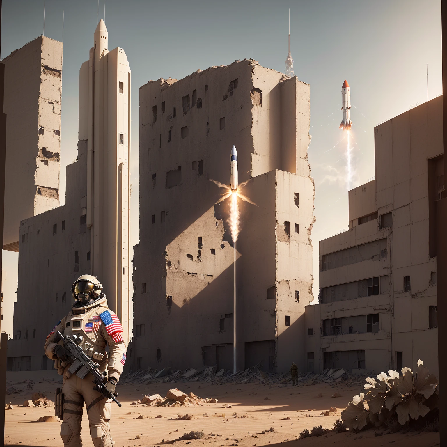 a man holding a flag in front of a building with a rocket in the background, standing in a vacant lot, dusty space suit, american soldiers invaded mars, ww2 space technology, flag in right hand, Battlefield Background, apocalyptic consequences 7 6, holding a rocket launcher, next gen game, battlefield scenery, space soldier on mars with a gun, created on unreal engine 5
