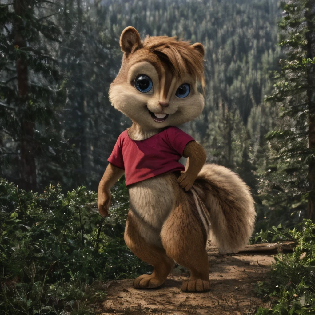 Brittany_Miller, solo, chipmunk, furry, cub, (slightly chubby:0.5), cute, (small ears), (short snout), pigtails, wearing cute pink Short T-Shirt, looking at viewer, outdoors, masterpiece, detailed background, Digitigrade, Detailed fur, perfect teeth, bottomless, No pantis, subtile smile,