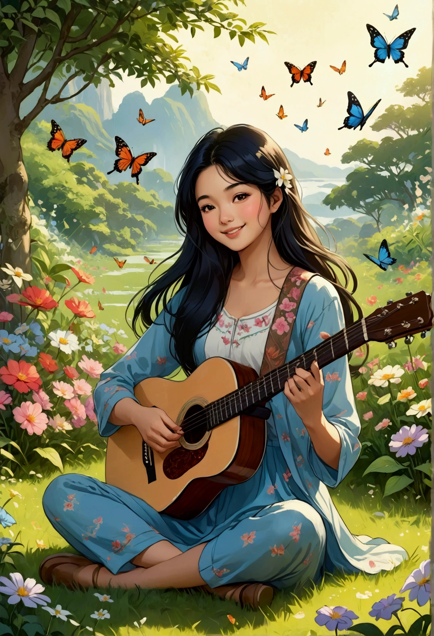 Beautiful young woman in Sarah Kay style with long straight black hair, delicate Asian features, dressed casually, is playing an acoustic guitar, she is in a flowery garden, sitting on the grass, surrounded by birds, butterflies and flowers, smiling and enjoying that moment illustration, realistic, anime, photography, poster, fashion, portrait photography