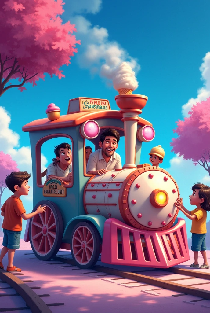 Train with ice cream decoration in vibrant blue and pink tones and with a black and purple background degraded to each other and with a man serving ice cream to boys and girls with the title of the little train of good flavor on the front in large and Spanish