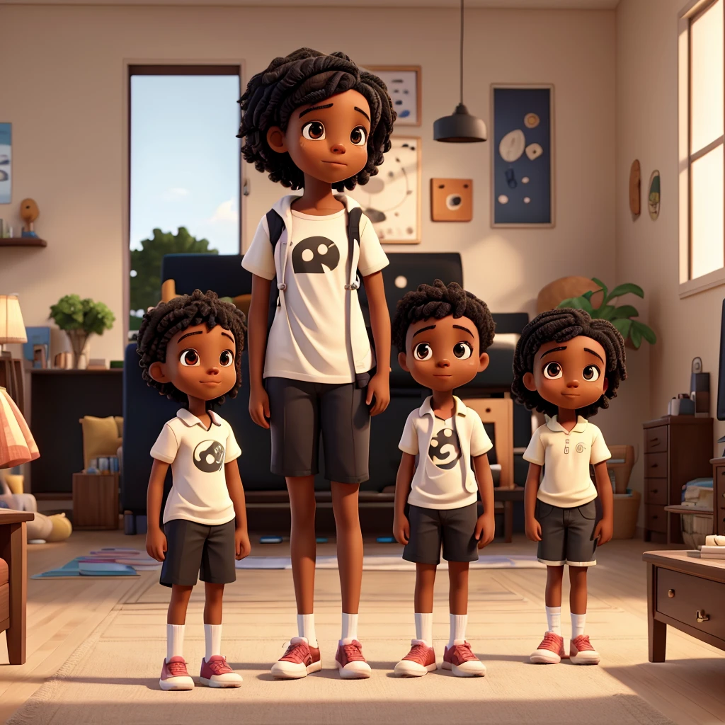 Image of a 5 year old black girl with a black father with short hair black woman and 11 year old black boy in the living room